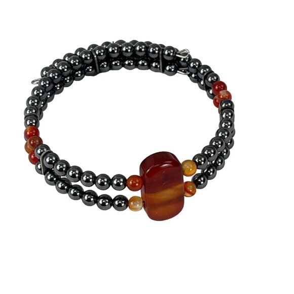 Hematite & Carnelian Beaded Stretch Bracelet With Central Gemstone Accent - Picture 3 of 8